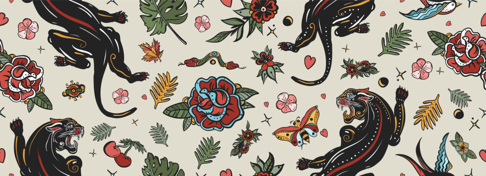 Black panthers and roses flowers seamless pattern. Traditional asian tattooing art. Wild cats, flowers, red heart and palm leaves. Tropical animals background. Old school tattoo style