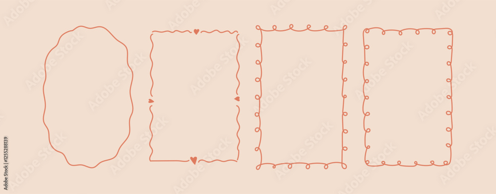 Wall mural set doodle hand drawn frames with wavy lines and bow.. minimalist simple line art. trendy retro vint