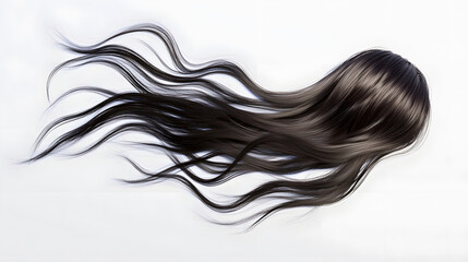 Breathtaking portrait of a woman with long flowing and wavy brunette hair in a studio setting with a clean white background showcasing the beauty and movement of her luscious hairstyle