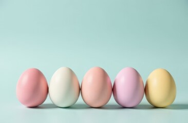 Pastel Easter eggs in a row on a blue background, festive spring decoration
