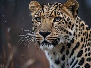 Fototapeta premium Majestic Leopard Portrait Capturing the Ferocity and Beauty of a Wild Cat in Its Tropical Habitat
