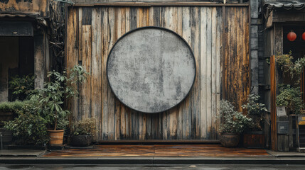 weathered wooden wall featuring large circular mock up, surrounded by potted plants, creates rustic and inviting atmosphere. scene evokes sense of tranquility and charm