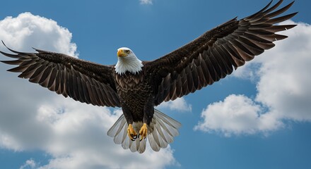 Obraz premium Bald eagle soars majestically through a blue sky