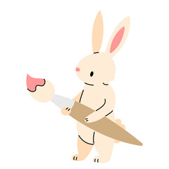Cute bunny with a paint brush in his hands isolated on white background. Vector flat illustration.