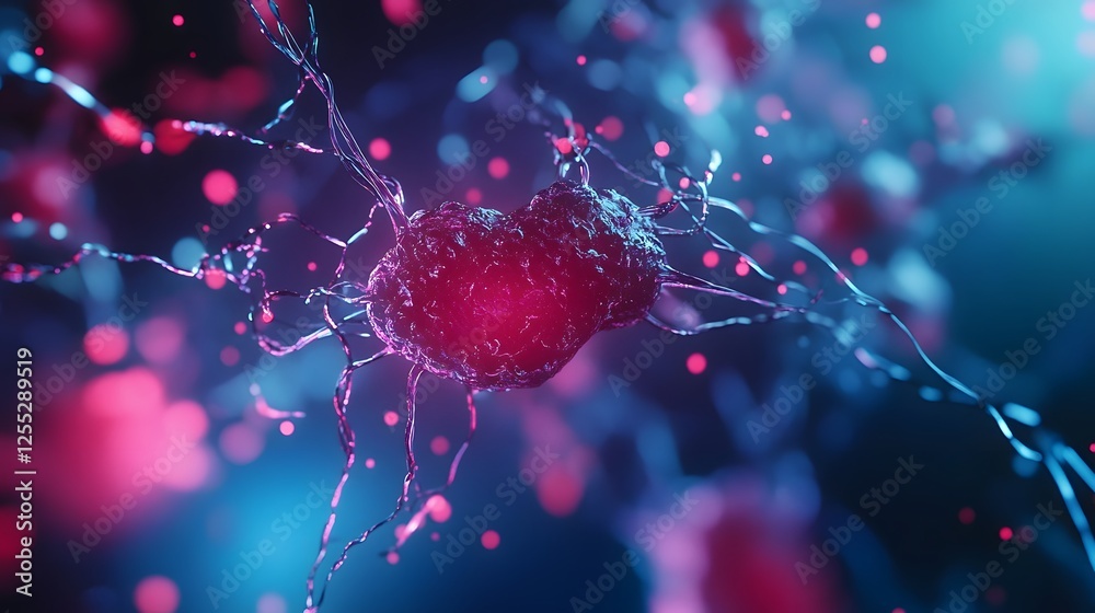 Poster Captivating abstract design featuring a close up view of a glowing pulsating cell or molecular structure with vibrant neon like colors intricate patterns and a futuristic technological aesthetic