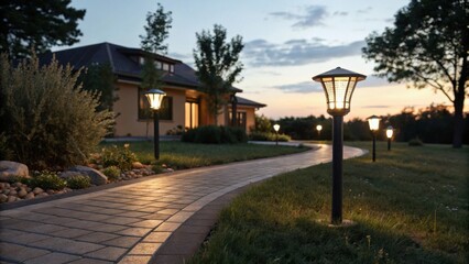 Obraz premium Solar lamp garden. Eco-Friendly Solar powered Energy. Photorealistic image of a solar-powered garden lamp, ideal for outdoor lighting use.