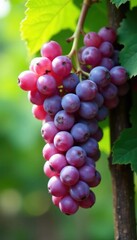 Soft purple clusters of juicy grapes hang from a vine, grapes, natural, greenery