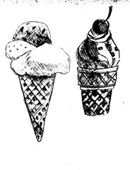 vector set hand drawn waffle cone with ice cream Illustration. Detailed retro style image. Vintage sketch element for labels, packaging and cards design.	
