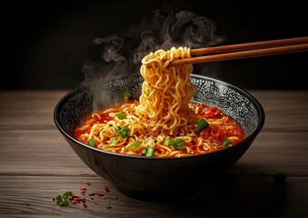 Steaming bowl of spicy ramen noodles being lifted with chopsticks in a dark setting