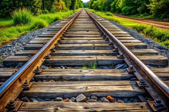 Asphalt path bisects parallel tracks, sleepers stark against the black and white crossing.