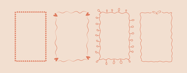 Set doodle hand drawn frames with wavy lines and bow.. Minimalist simple line art. Trendy retro vintage shabby chic whimsical borders for wedding invitations, birthday card, prints. Vector