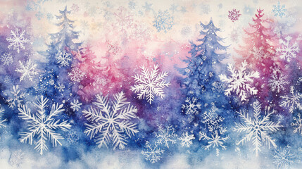 vibrant watercolor winter landscape featuring snowflakes and evergreen trees, creating serene and magical atmosphere. blend of colors evokes sense of tranquility and beauty