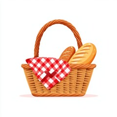 Fototapeta premium Rustic Wicker Picnic Basket with Bread and Red Gingham Cloth Summer Food Image