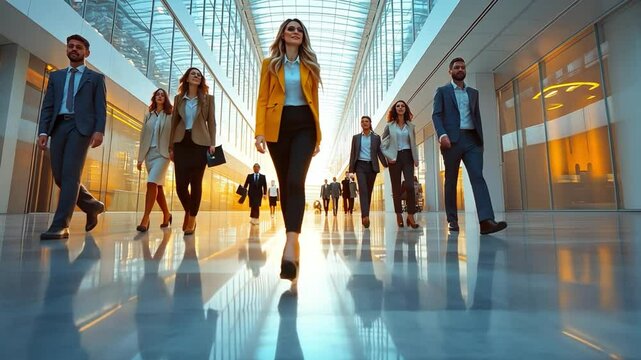 Power Walk: A team of driven business people strides confidently through a modern, spacious hallway. The shot captures the essence of leadership and progress, enhanced by the building's sleek design.