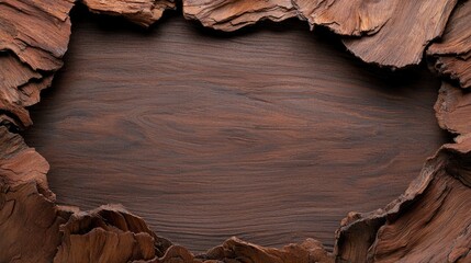 Wood bark frame on dark wood.  Use Background, backdrop