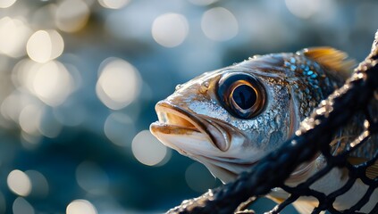 Fototapeta premium Close-Up of Fish Caught in a Net, Focused on Its Eye and Mouth with Blurred Background