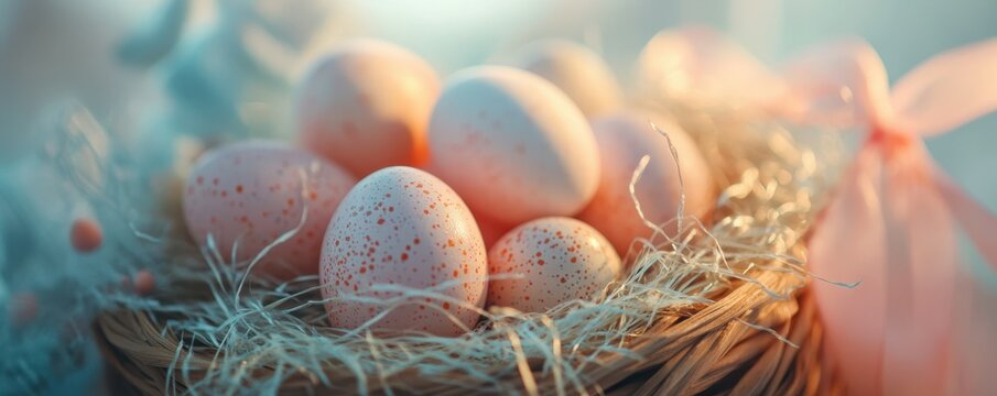Speckled pink easter eggs in decorative basket with straw and ribbon in soft light