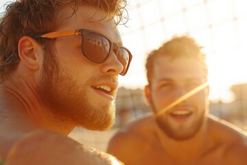 Two friends enjoying a summer beach day while playing volleyball at sunset with smiles and laughter