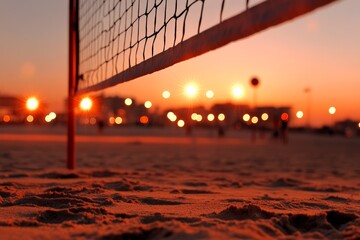 Beach volleyball game at sunset with glowing lights illuminating the sand and net in the background