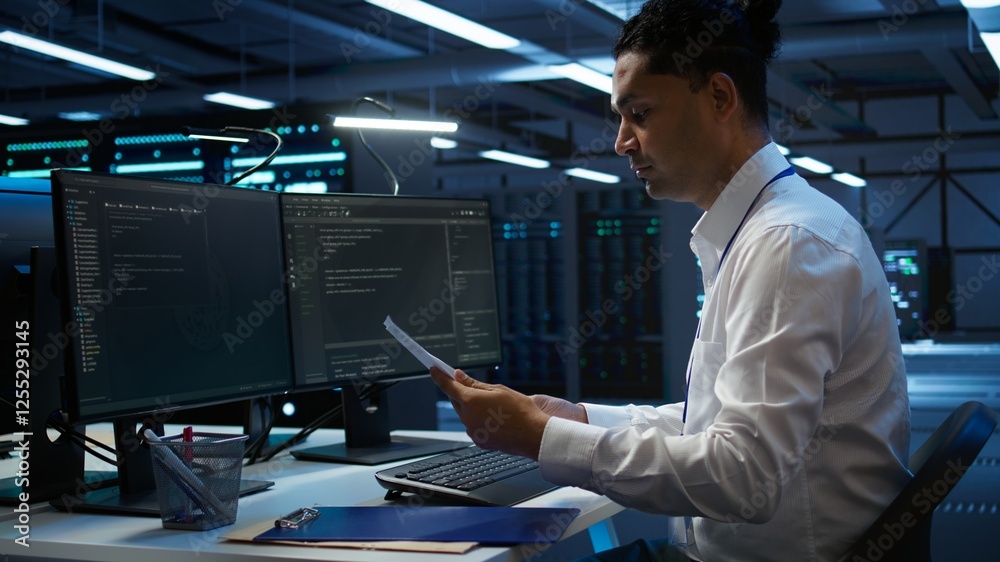 Poster admin in data center maintaining accurate documentation of infrastructure, configurations and proced