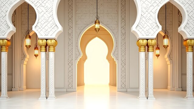 Islamic architecture, ornate arches, white marble columns, golden light