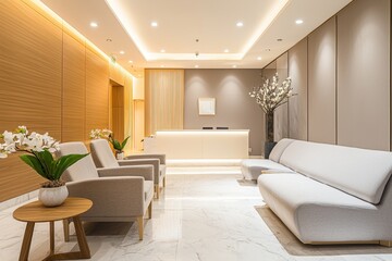 Fototapeta premium Elegant beauty clinic waiting room with tasteful standards modern design serene environment inviting atmosphere calm viewpoint for a relaxing experience