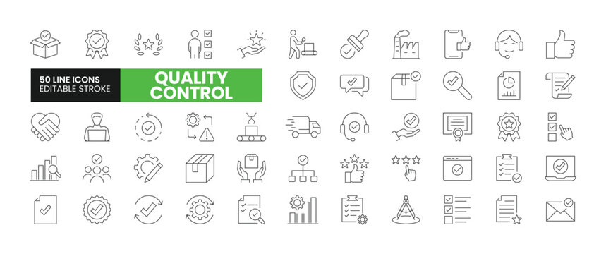 Set of 50 Quality Control line icons set. Quality Control outline icons with editable stroke collection. Includes Testing, Assurance, Evaluation, Certificate, Factory, and More.