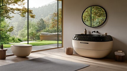 Fototapeta premium Modern bathroom with panoramic garden view, minimalist design
