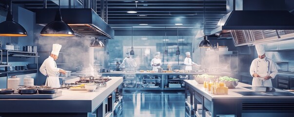 Professional chefs cooking in a modern restaurant kitchen with industrial design and equipment