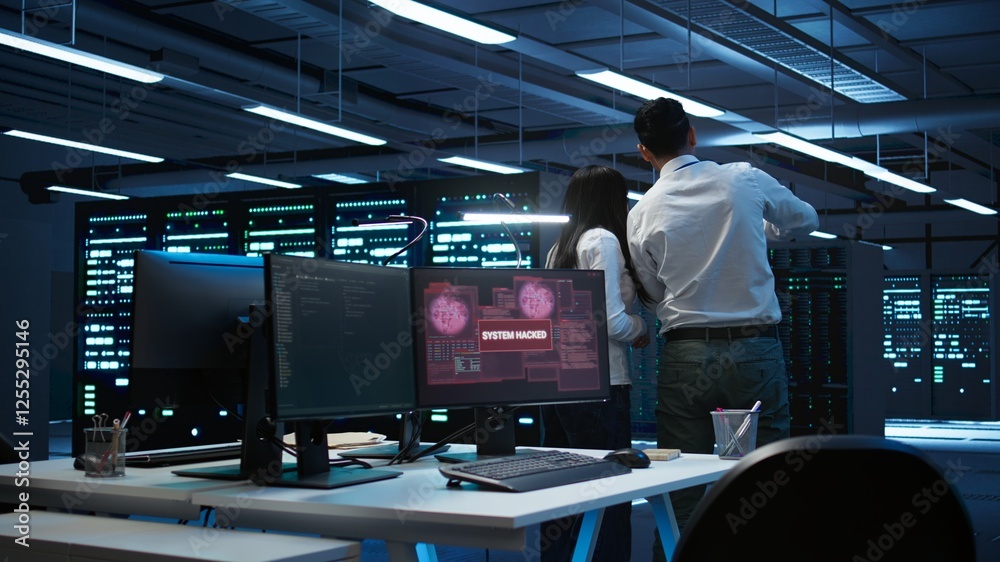 Poster team of technicians in server hub alerted by hacker passing firewall and stealing sensitive data. co
