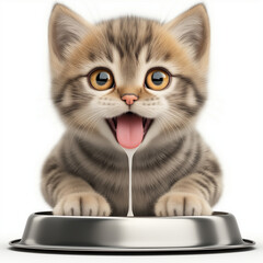 Grey tabby kitten drinking milk from the bowl isolated on white background