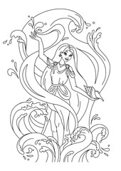 young pretty girl princess in the waves of the sea. line illustration for colouring 