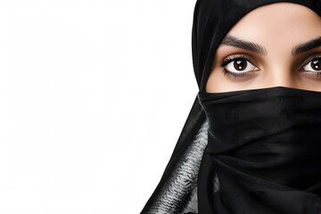 Naklejka premium Portrait of muslim woman In black Hijab isolated on white backdrop