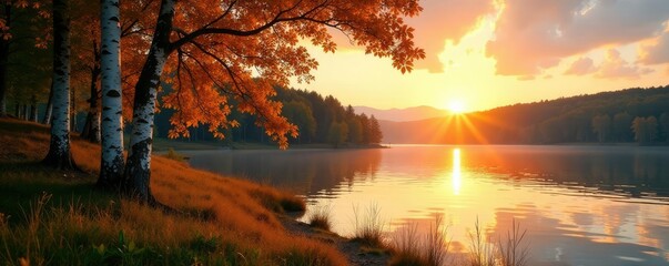 Warm evening sun casts long shadows across birch trees and the lake's shore, foliage, dusk, shadows