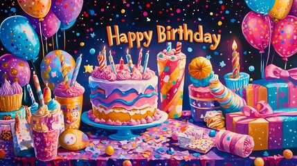 Obraz premium Colorful birthday celebration with festive cake, balloons, gifts, and decorations creating a joyful party atmosphere
