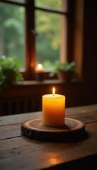 Warm golden candle light on a rustic wooden table, cozy, rustic decor