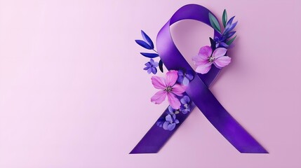 Purple awareness ribbon decorated with delicate flowers on a soft pastel background symbolizing hope and support