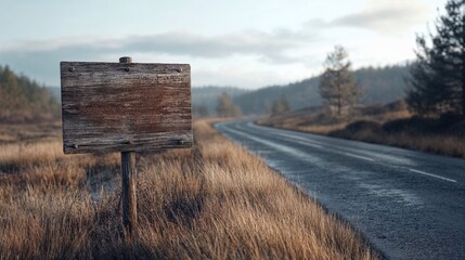 Naklejka premium A rustic wooden sign standing on the side of a quiet country road, bathed in soft sunlight, evoking a sense of tranquility, solitude, and the beauty of rural landscapes in the early morning