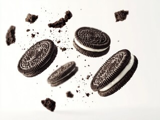 Flying Oreo cookies with crumbs in mid-air against a plain background
