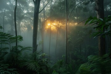 Naklejka premium First Light Brightens Misty Rainforest as Dawn Breaks Over Lush Vegetation and Tall Trees