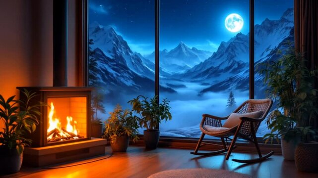 Cozy interior with fireplace and a panoramic snowy mountain view under moonlight