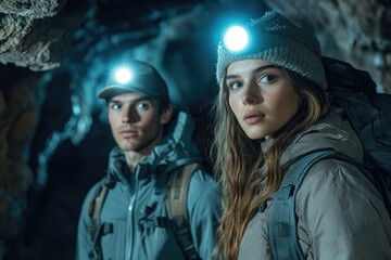 Two explorers with headlamps illuminate a dark cave, showcasing their adventurous spirit and determination.