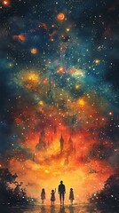 Fototapeta premium A mystical journey into the cosmos with silhouettes against a vibrant starlit backdrop.