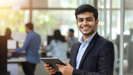 Smiling young Indian businessman holding tablet in a modern office. 