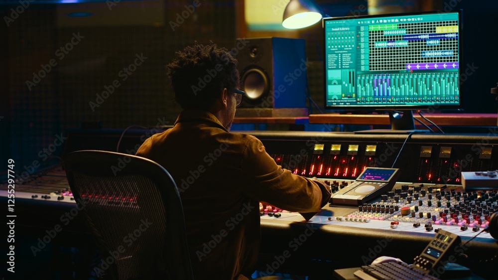 Poster African american audio engineer uses compressor and mixer in professional studio, changing volume level and sound settings on a recording. Music production in control room. Camera A.
