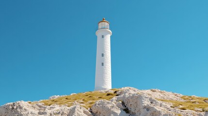 Tall White Lighthouse on Rocky Hilltop Under Clear Blue Sky