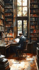 A serene library setting with a person reading at a wooden desk surrounded by books.