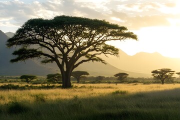 Obraz premium The beauty of the savannah, depicting a large tree standing majestically in a vast field, with a backdrop of towering mountains, depicting the harmony of nature