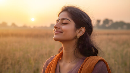 Young Indian woman breathing fresh air in a field. Smiling woman taking deep breath, healing and relaxation Concept	