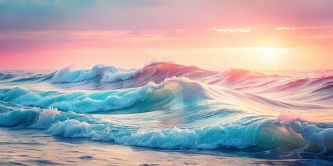 Fototapeta premium Dreamy pastel pink and blue wave art print. Vintage matte finish, soft aesthetic wall decor.